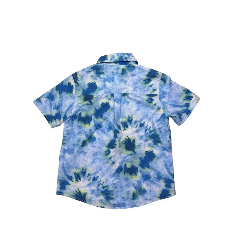 RSVLTS Boys Tie Dye Button Up Shirt XS Blue Green Short Sleeve Pocket EUC